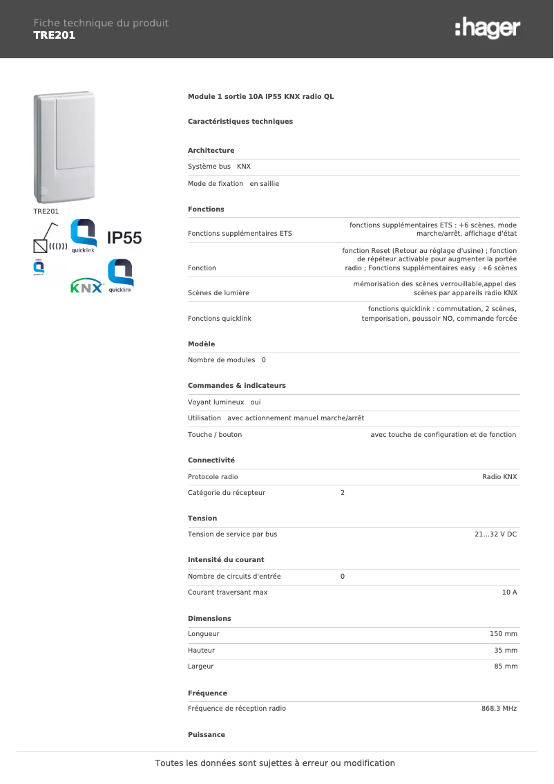 Page n°1 - Fiche technique Hager TRE201