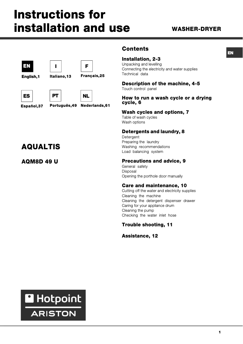 Page n°1 - Manuel utilisateur Hotpoint AQM8D 49 U