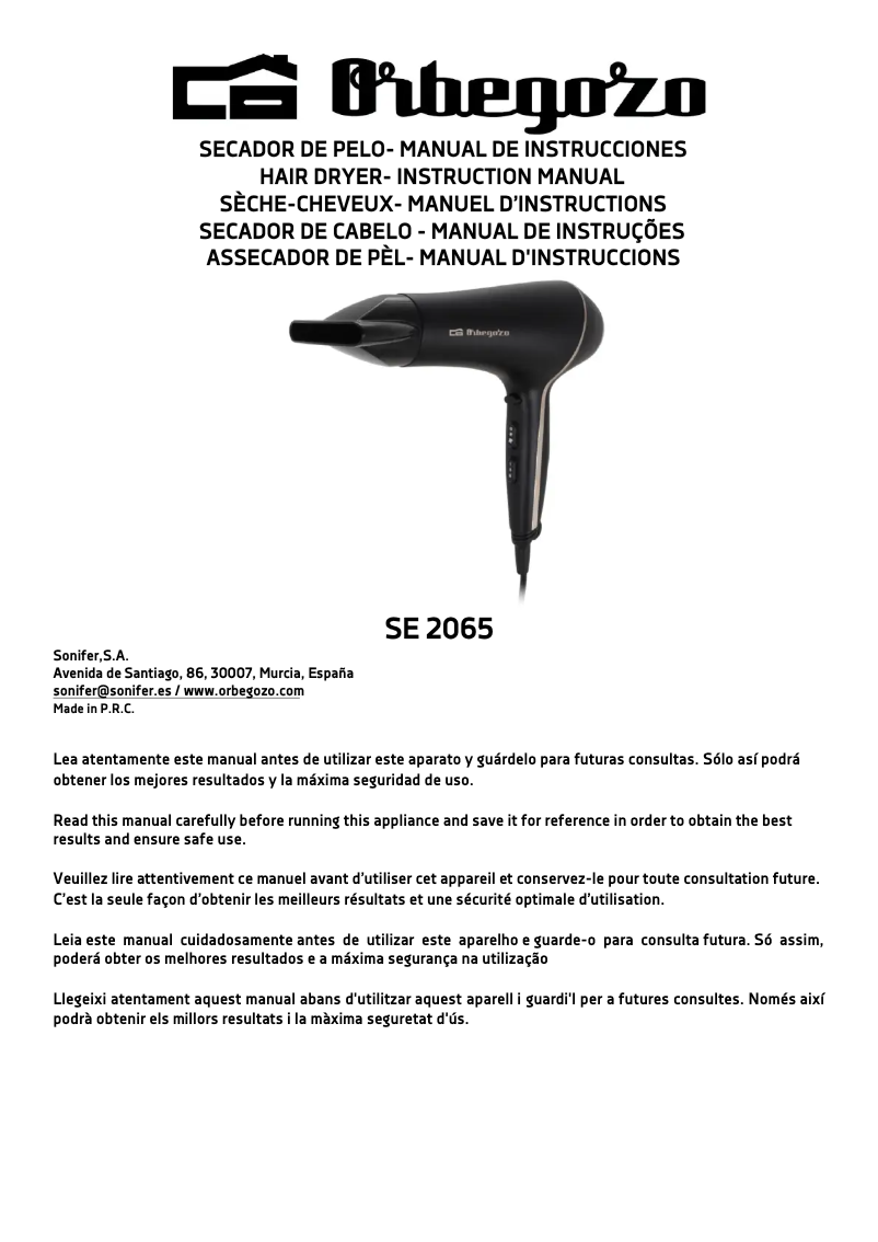 Page 1 de la notice Manuel utilisateur Orbegozo SE 2065