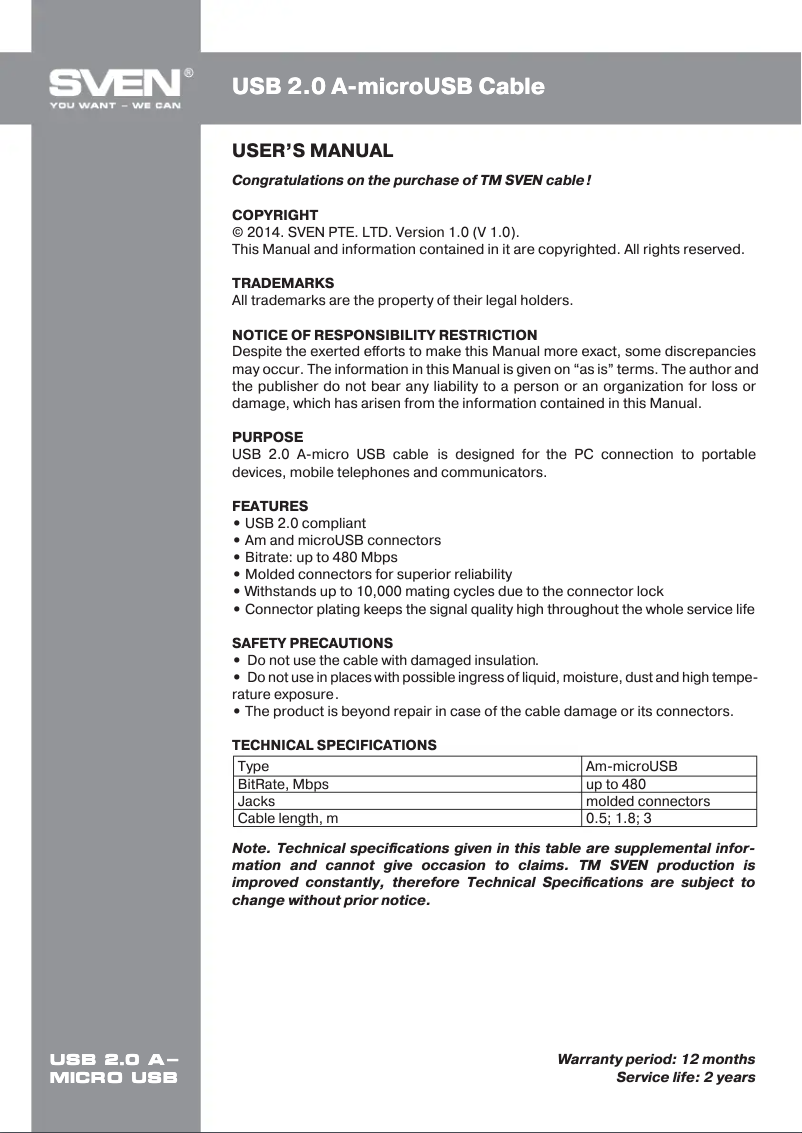 Página 1 del manual Manual de usuario Sven USB 2.0 A-micro USB