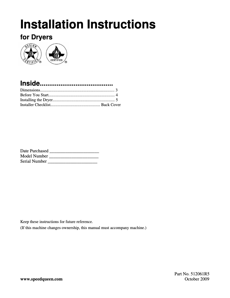 Page 1 de la notice Manuel utilisateur Speed Queen ADG3TR