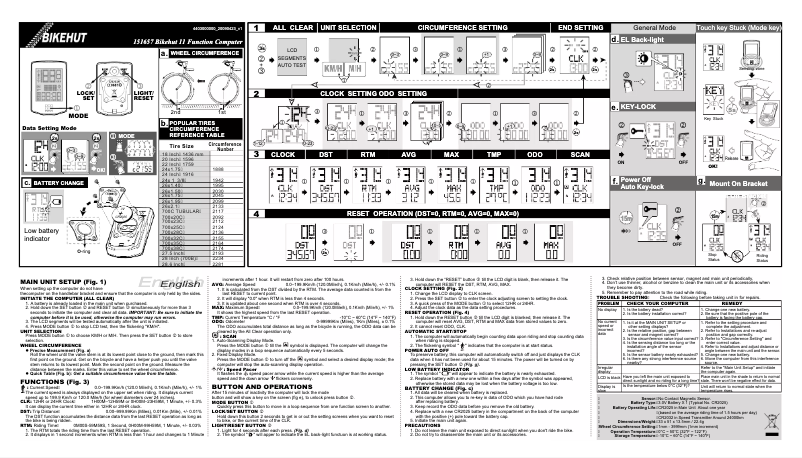 Page 1 de la notice Manuel utilisateur Bikehut 151657 11 Function