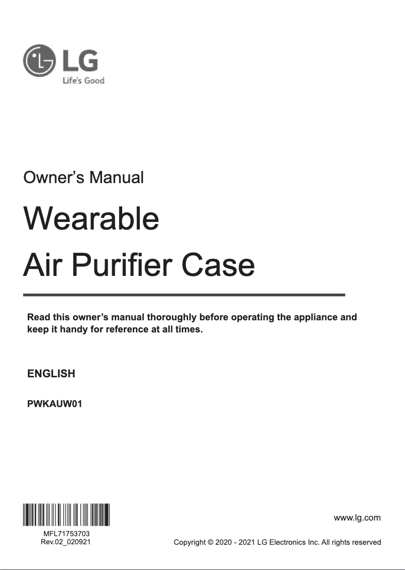 Page 1 de la notice Manuel utilisateur LG PuriCare PWKAUW01