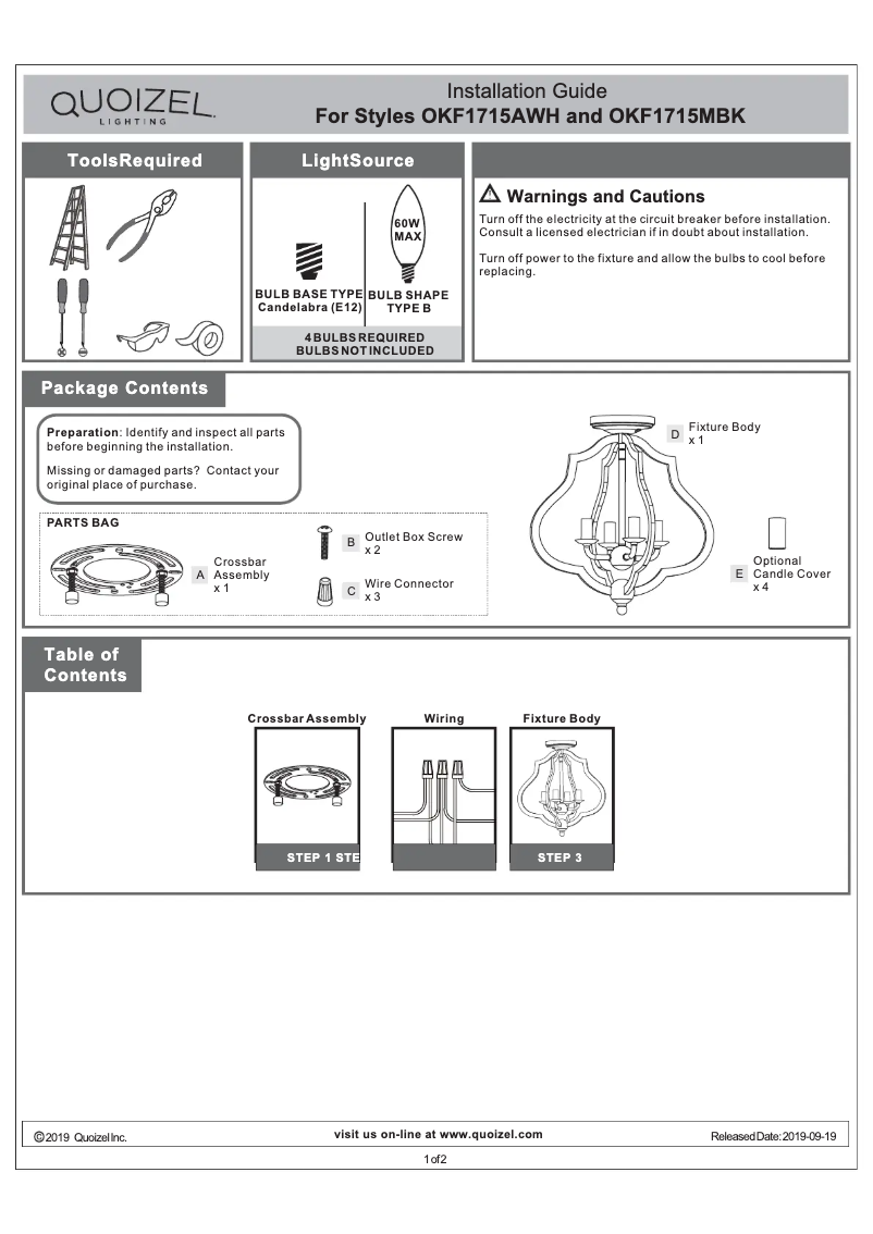Page 1 de la notice Manuel utilisateur Quoizel OKF1715AWH