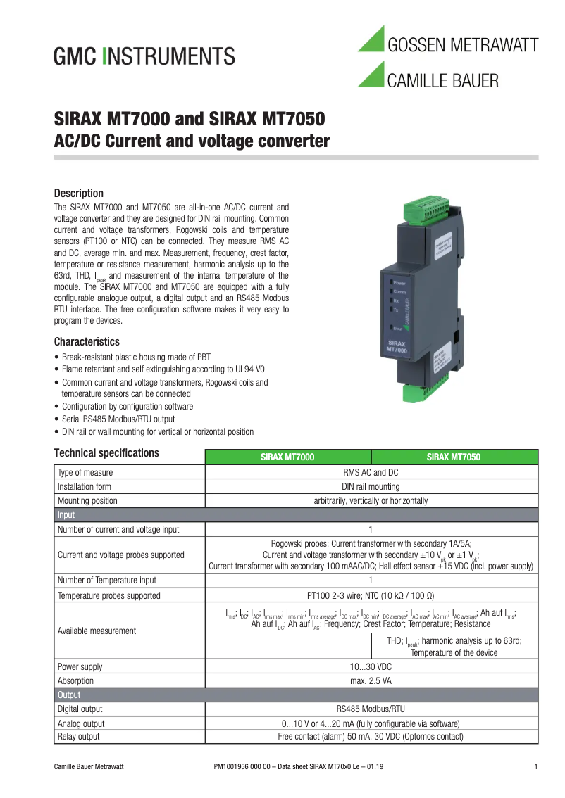 Page 1 de la notice Fiche technique Camille Bauer SIRAX MT7050