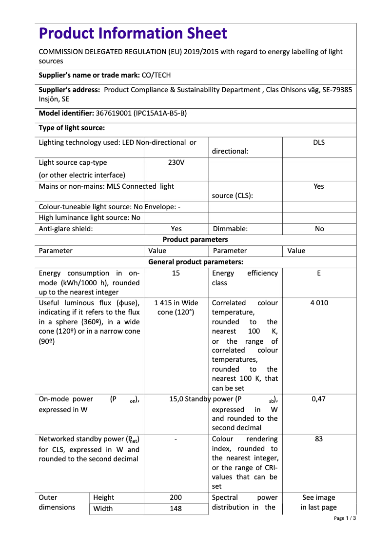 Page n°1 - Fiche technique Cotech IPC15A1A-B5