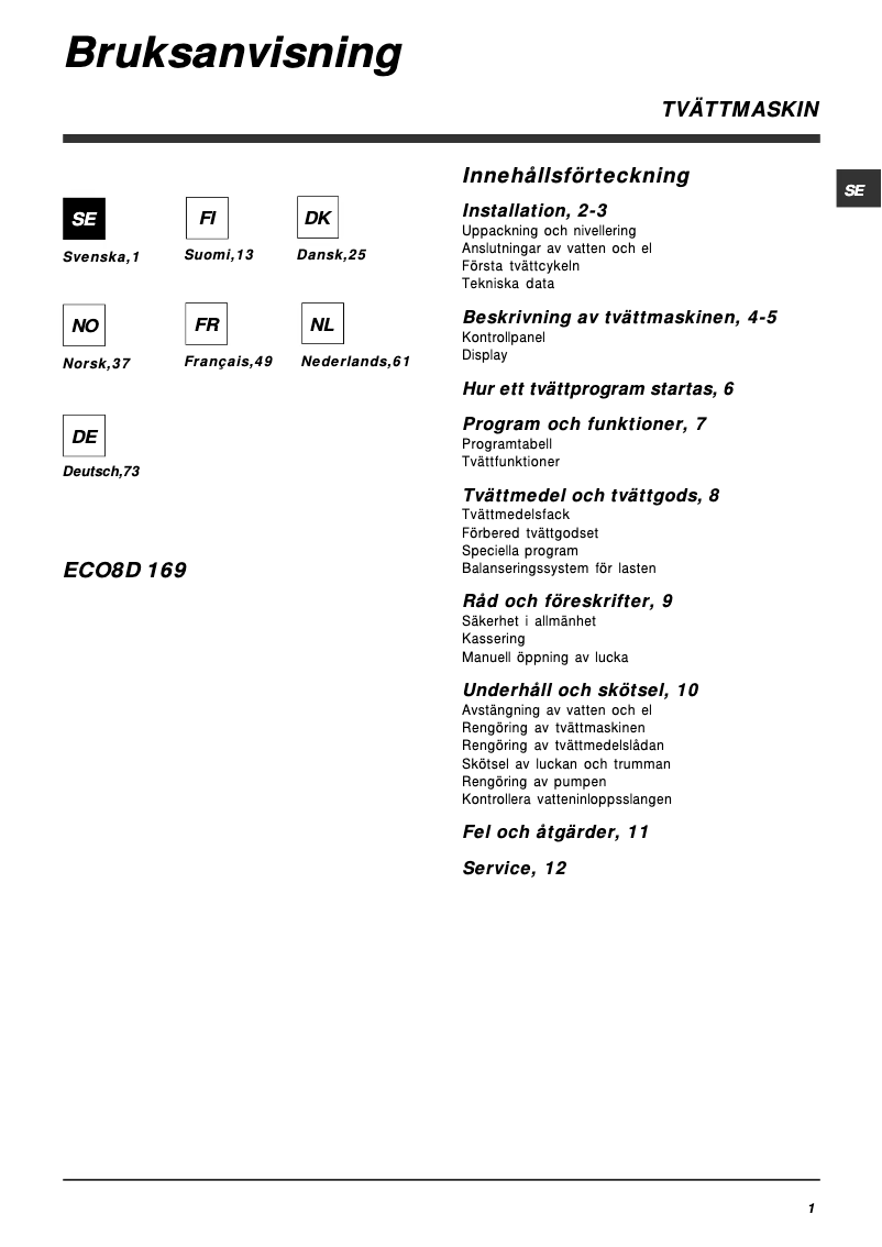 Page 1 de la notice Manuel utilisateur Hotpoint Maxi ECO8D 169