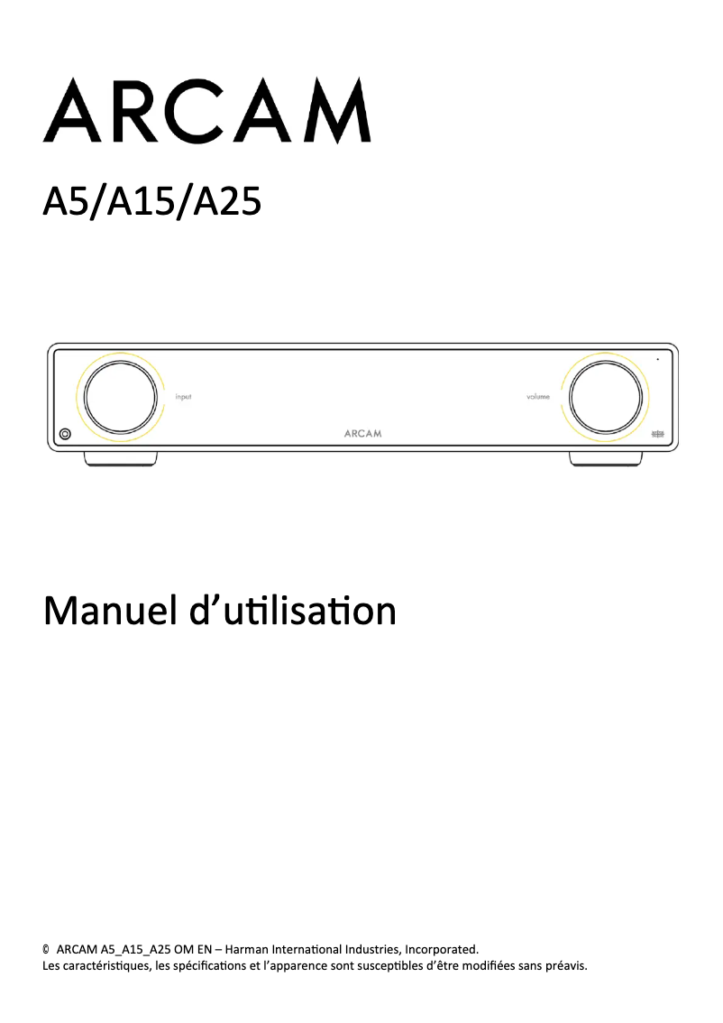Page 1 de la notice Manuel utilisateur Arcam A5