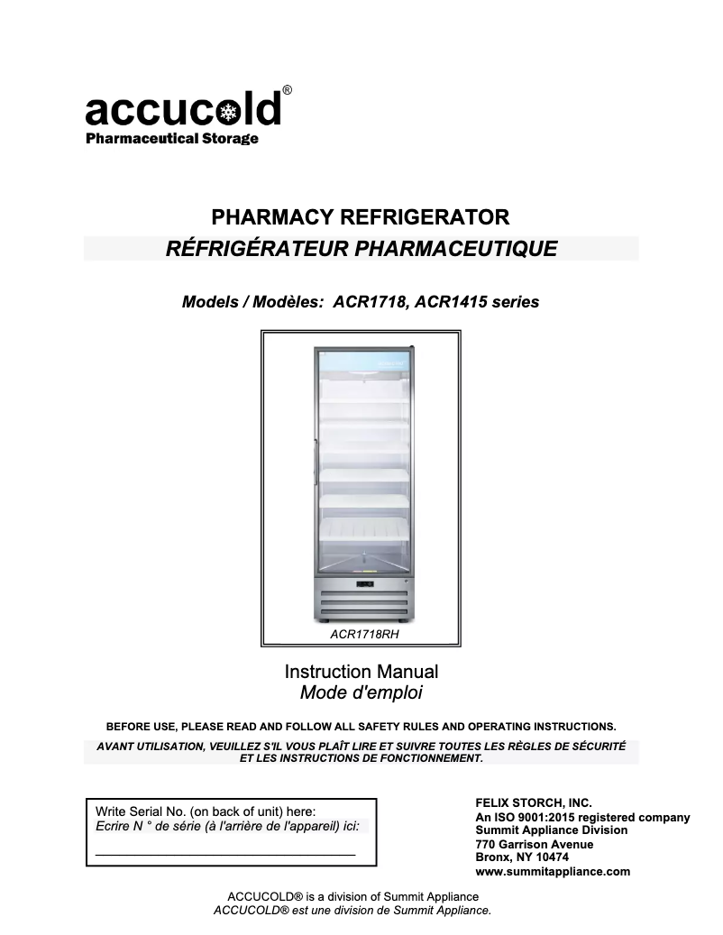 Image de la première page du manuel de l'appareil Accucold ACR1717RH